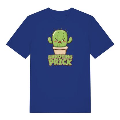 blue funny offensive t-shirt with the graphic of a cactus and the slogan 'annoying prick'