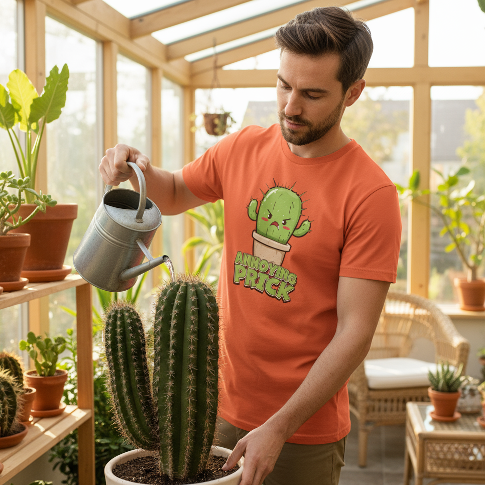Man watering a cactus in a greenhouse wearing an orange funny graphic t-shirt with a cactus graphic.