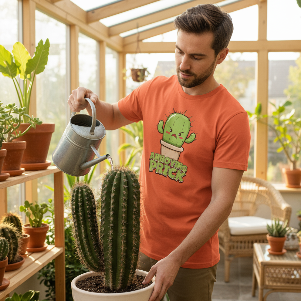 Man watering a cactus in a greenhouse wearing an orange t-shirt with a cactus graphic.