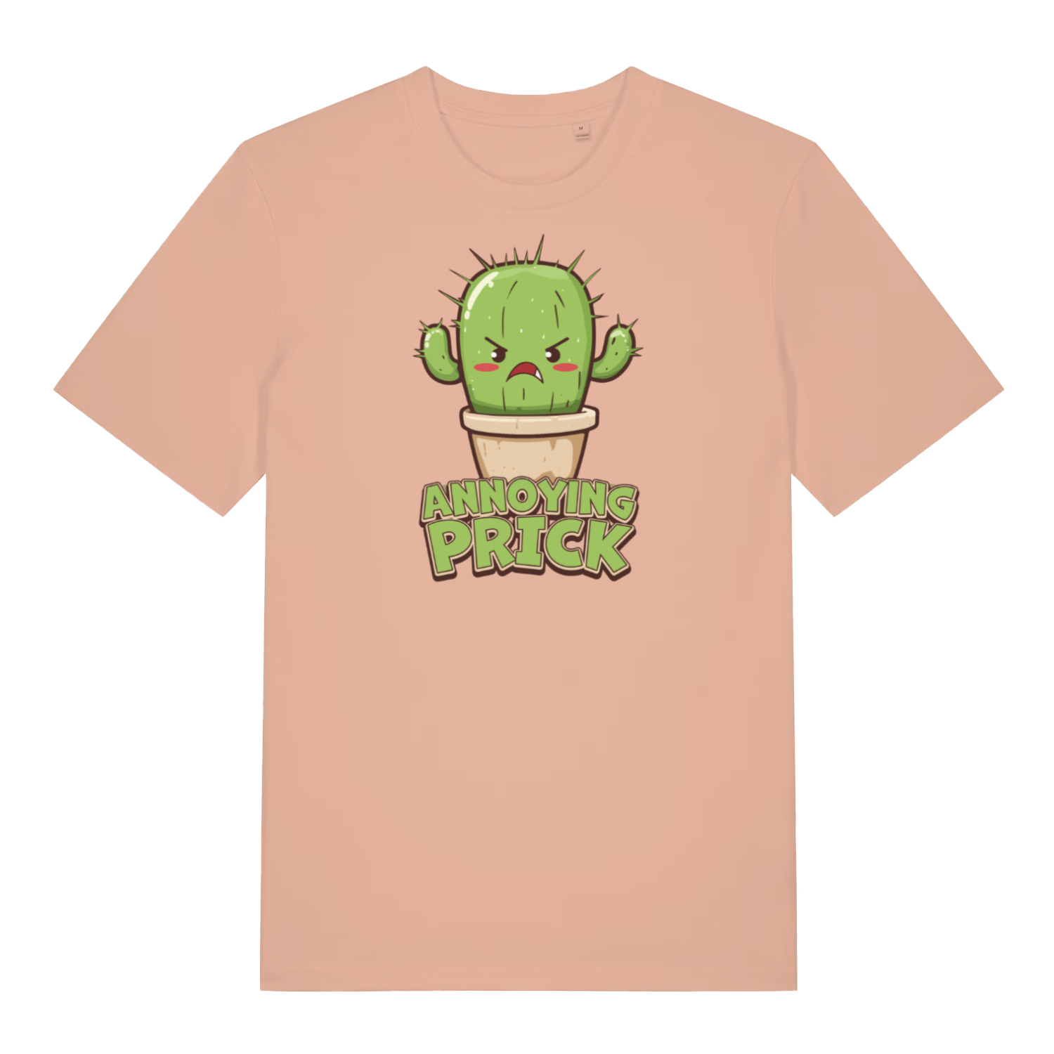 peach funny offensive t-shirt with the graphic of a cactus and the slogan 'annoying prick'