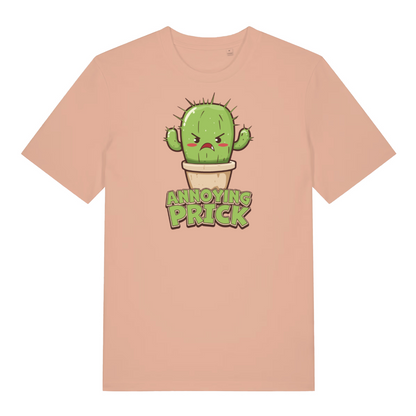 peach funny offensive t-shirt with the graphic of a cactus and the slogan 'annoying prick'