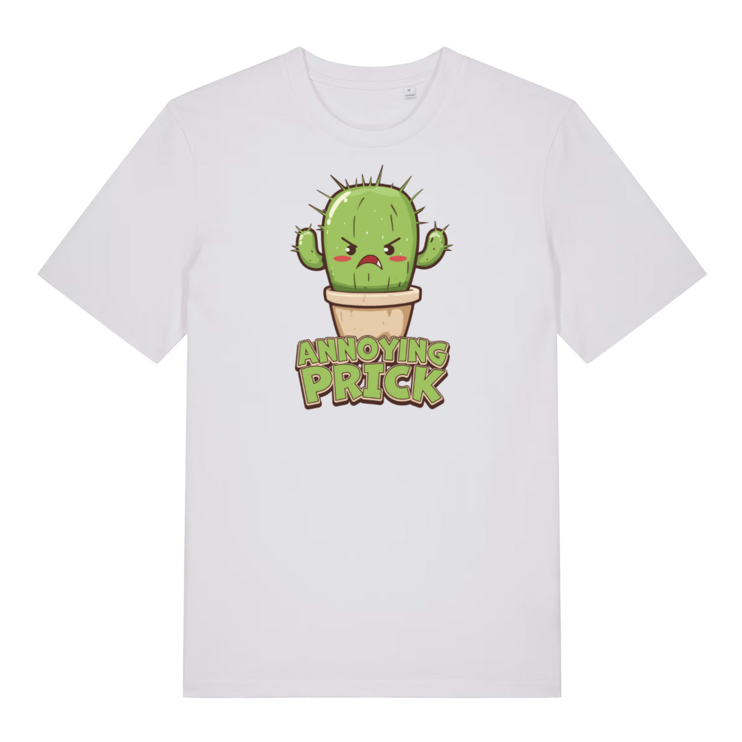 white funny offensive t-shirt with the graphic of a cactus and the slogan 'annoying prick'