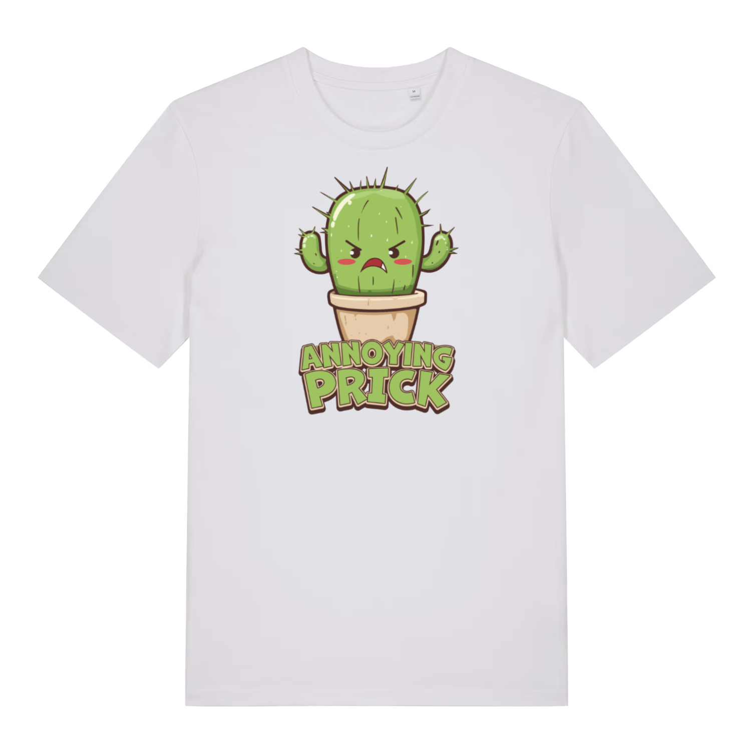 white funny offensive t-shirt with the graphic of a cactus and the slogan 'annoying prick'