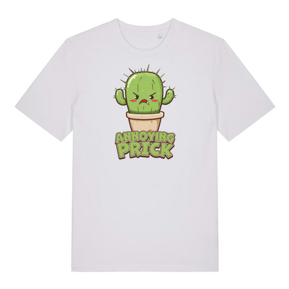 white funny offensive t-shirt with the graphic of a cactus and the slogan 'annoying prick'
