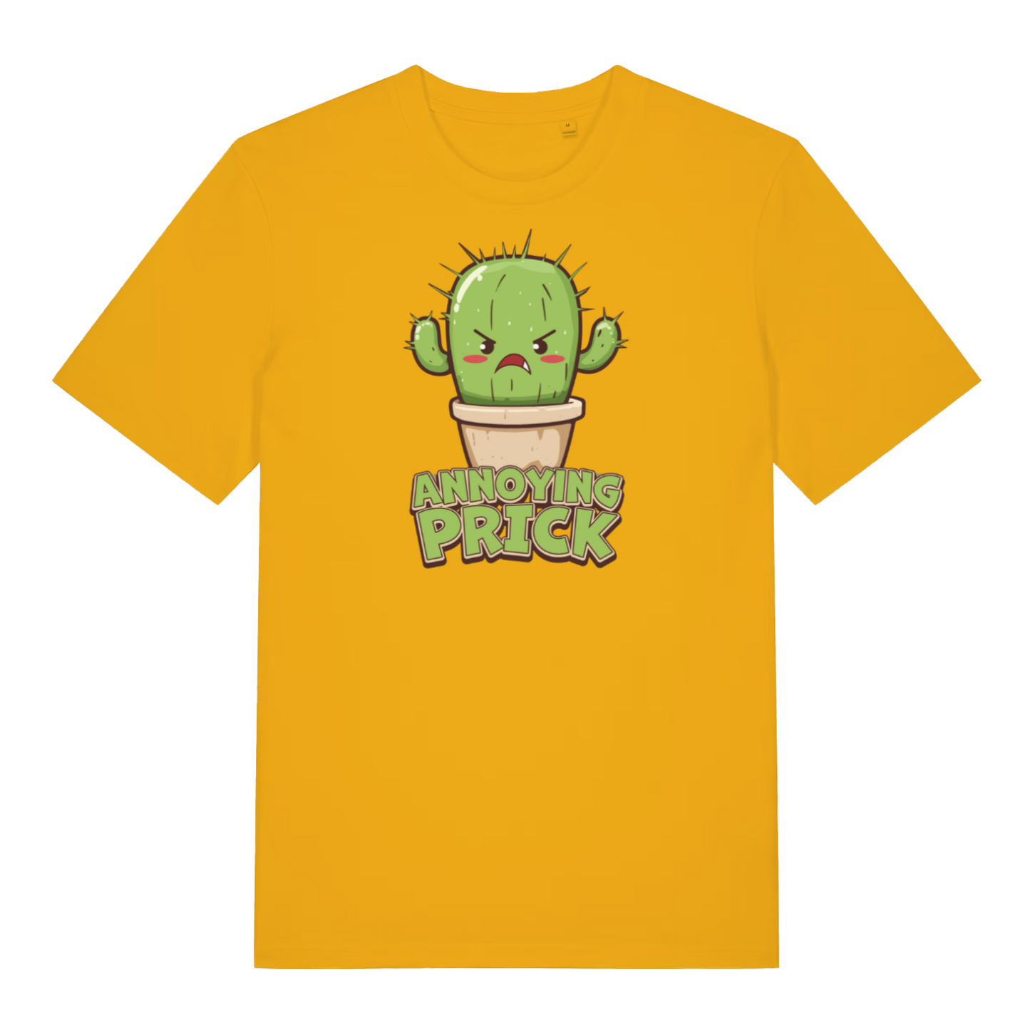 yellow funny offensive t-shirt with the graphic of a cactus and the slogan 'annoying prick'