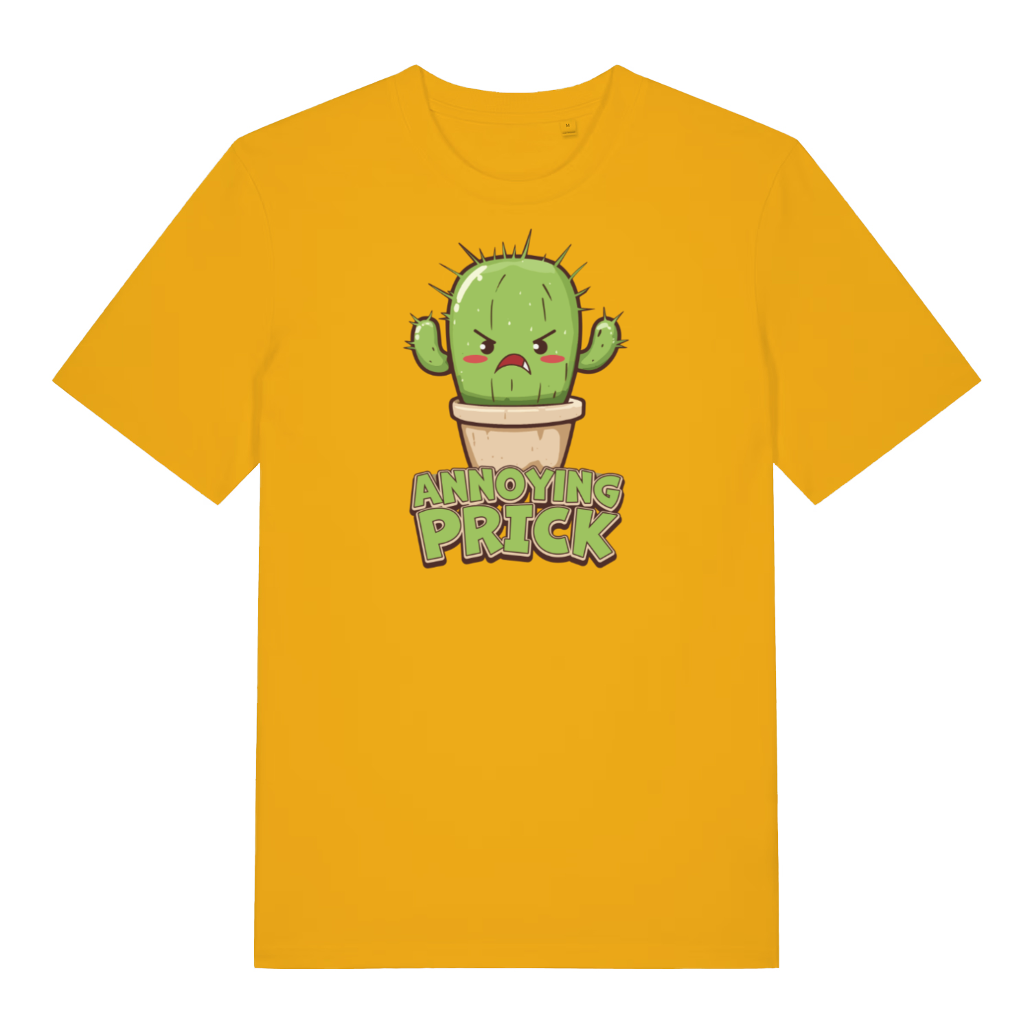 yellow funny offensive t-shirt with the graphic of a cactus and the slogan 'annoying prick'