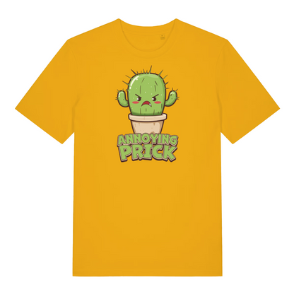 yellow funny offensive t-shirt with the graphic of a cactus and the slogan 'annoying prick'
