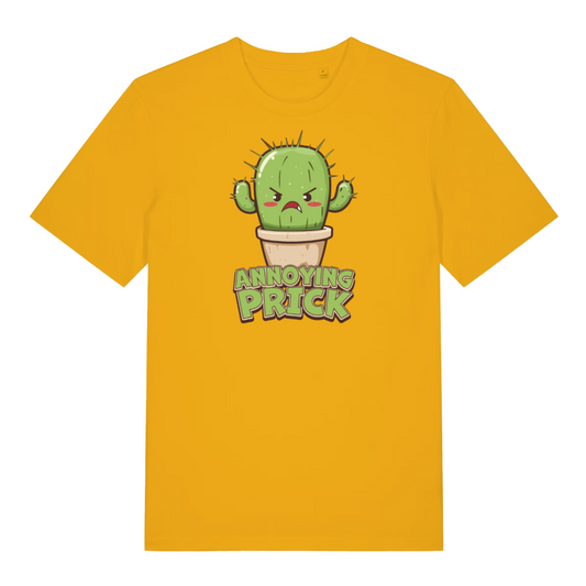 yellow funny offensive t-shirt with the graphic of a cactus and the slogan 'annoying prick'