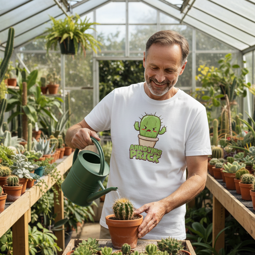 Man watering plants in a greenhouse wearing a white t-shirt with a cactus design.
