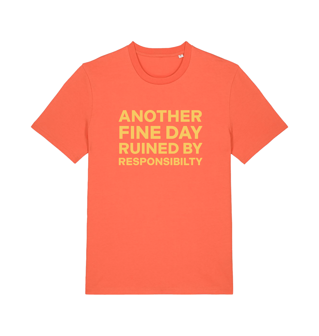 Orange funny dad t-shirt with the slogan 'another day ruined by responsibility'