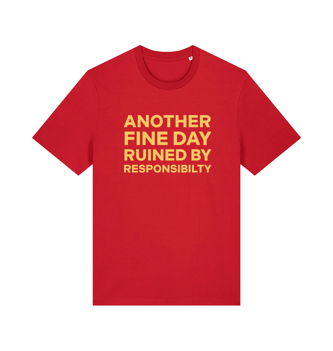 Red funny dad t-shirt with the slogan 'another day ruined by responsibility'