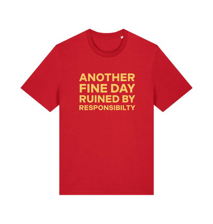 Red funny dad t-shirt with the slogan 'another day ruined by responsibility'