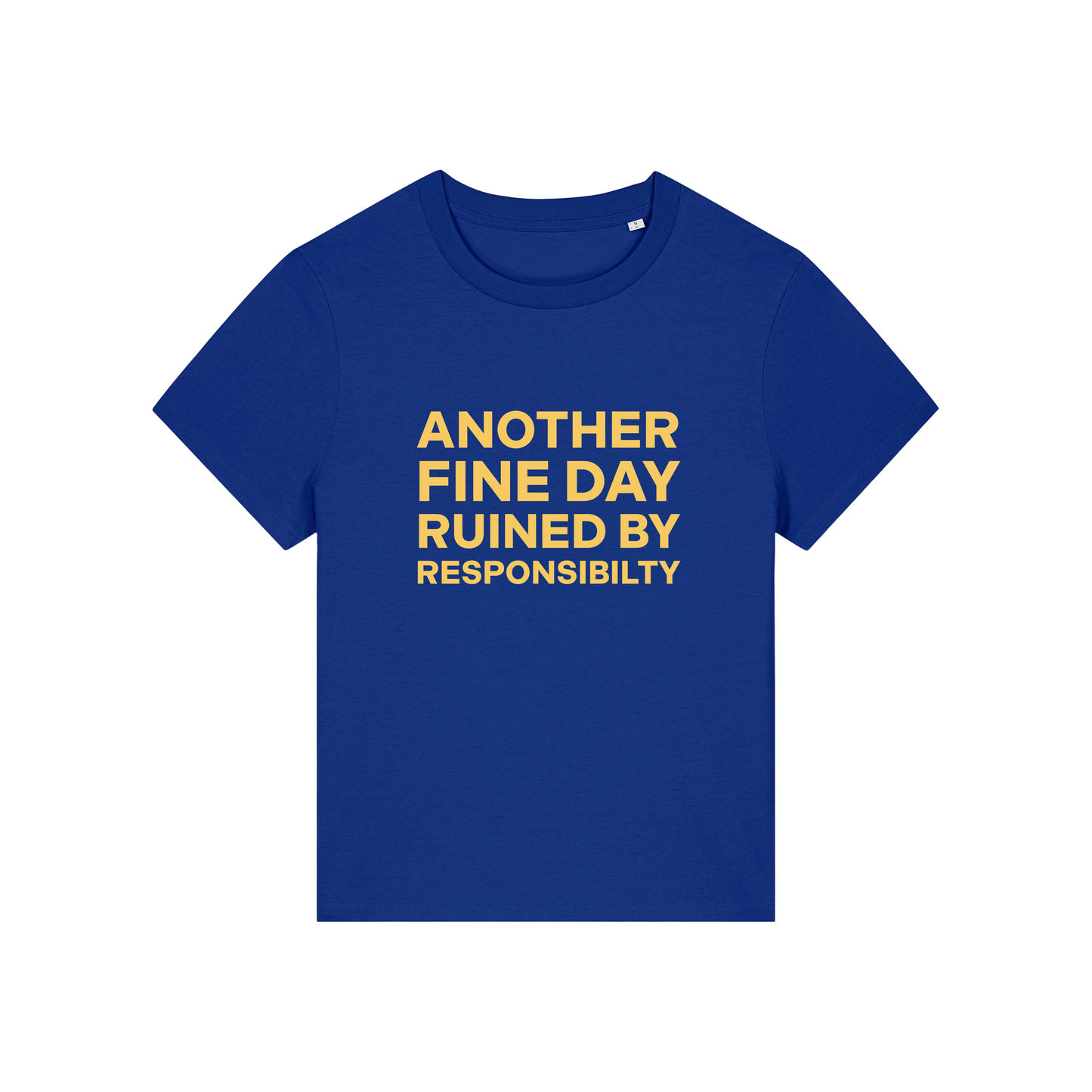 blue funny slogan t-shirt that reads 'another fine day ruined by responsibility'