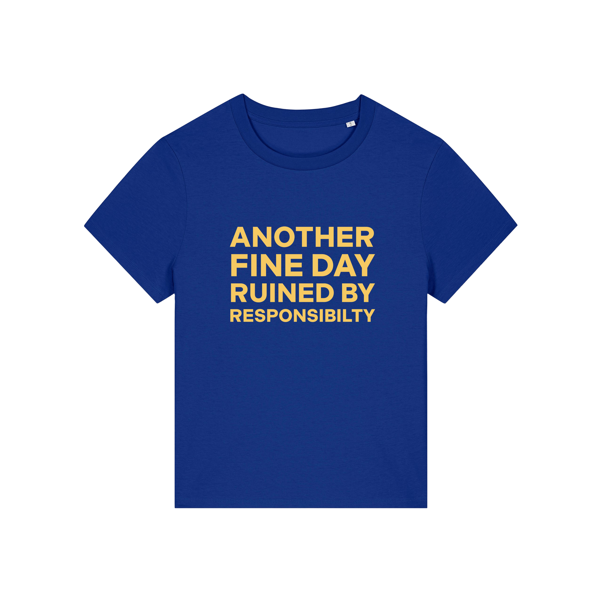 blue funny slogan t-shirt that reads 'another fine day ruined by responsibility'