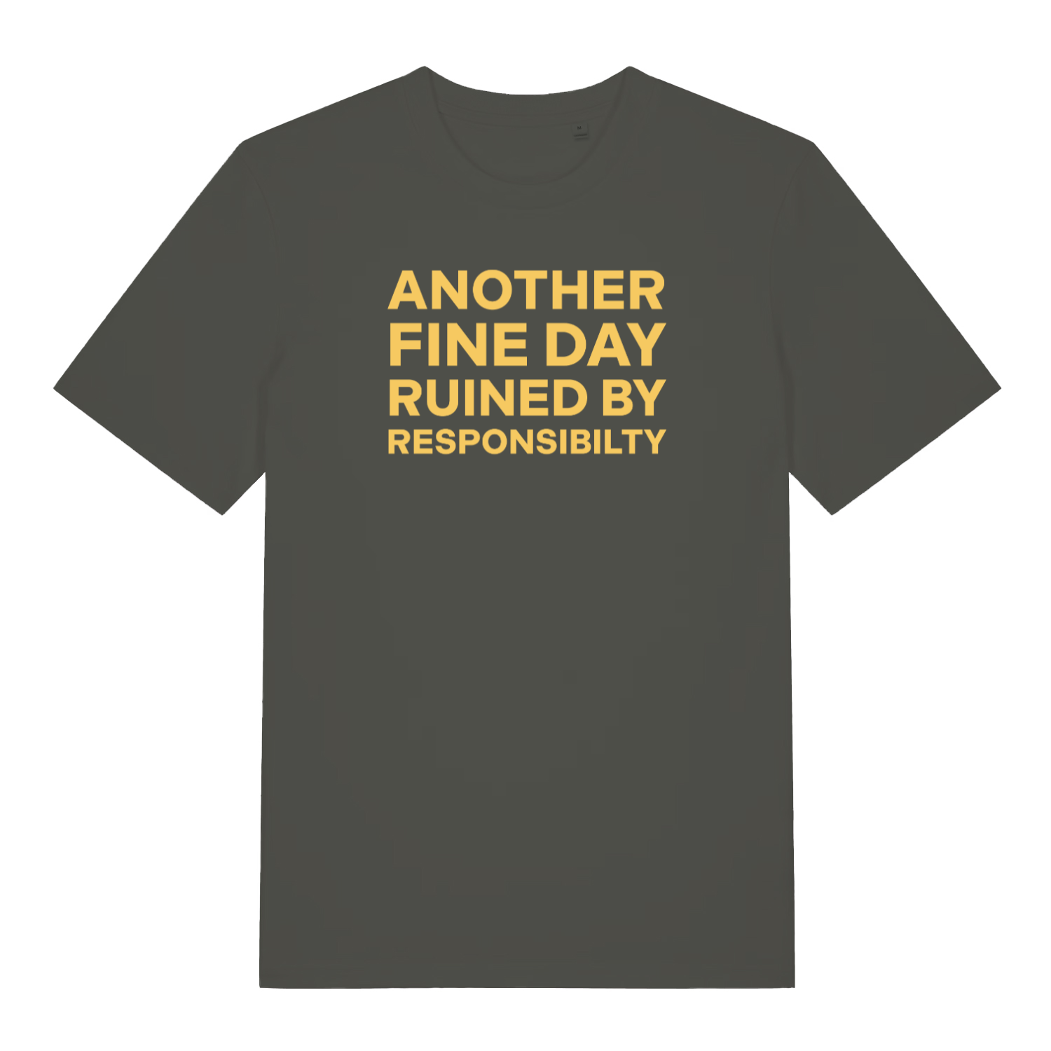 khaki slogan t-shirt with the text 'another fine day ruined by responsibility'
