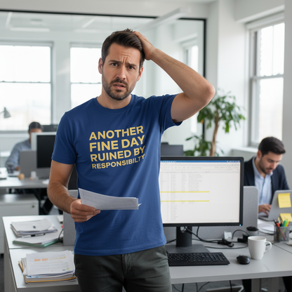 Man in an office wearing a blue t-shirt with text that reads 'another fine day ruined by responsibility', holding papers.
