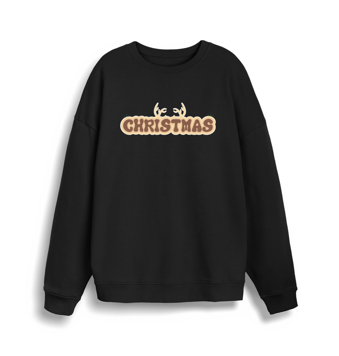black christmas sweatshirt with the slogan 'christmas' and antlers at the top
