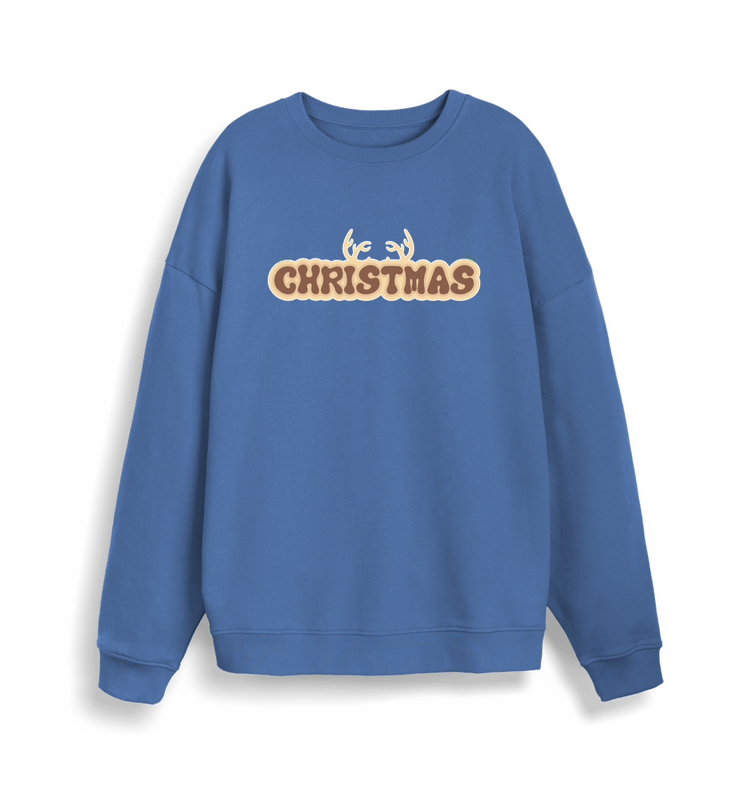 blue christmas sweatshirt with the slogan 'christmas' and antlers at the top