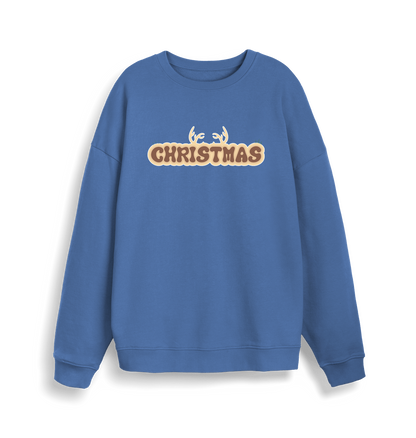 blue christmas sweatshirt with the slogan 'christmas' and antlers at the top