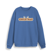 blue christmas sweatshirt with the slogan 'christmas' and antlers at the top