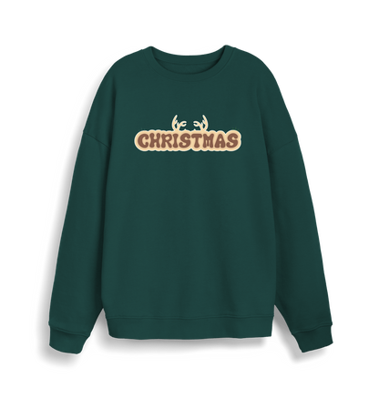 green christmas sweatshirt with the slogan 'christmas' and antlers at the top