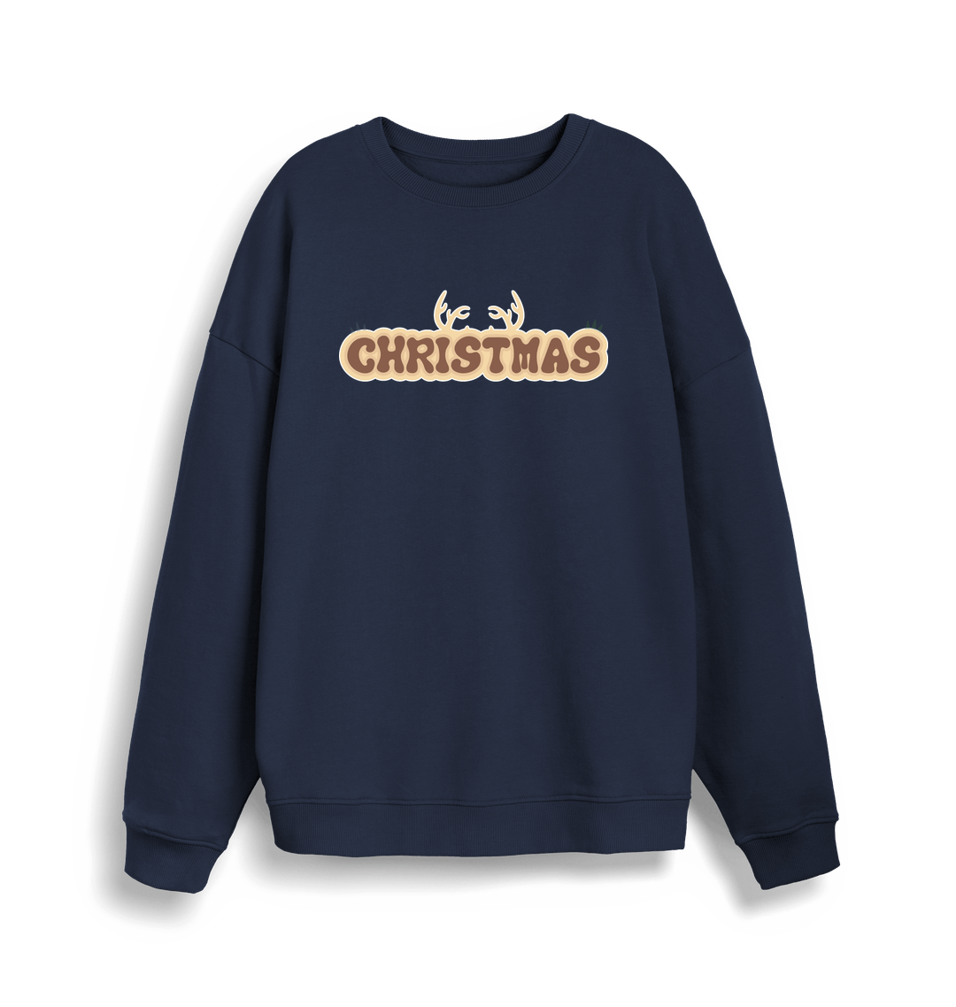 navy christmas sweatshirt with the slogan 'christmas' and antlers at the top