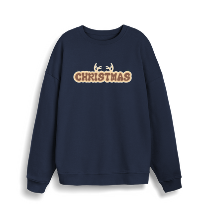 navy christmas sweatshirt with the slogan 'christmas' and antlers at the top