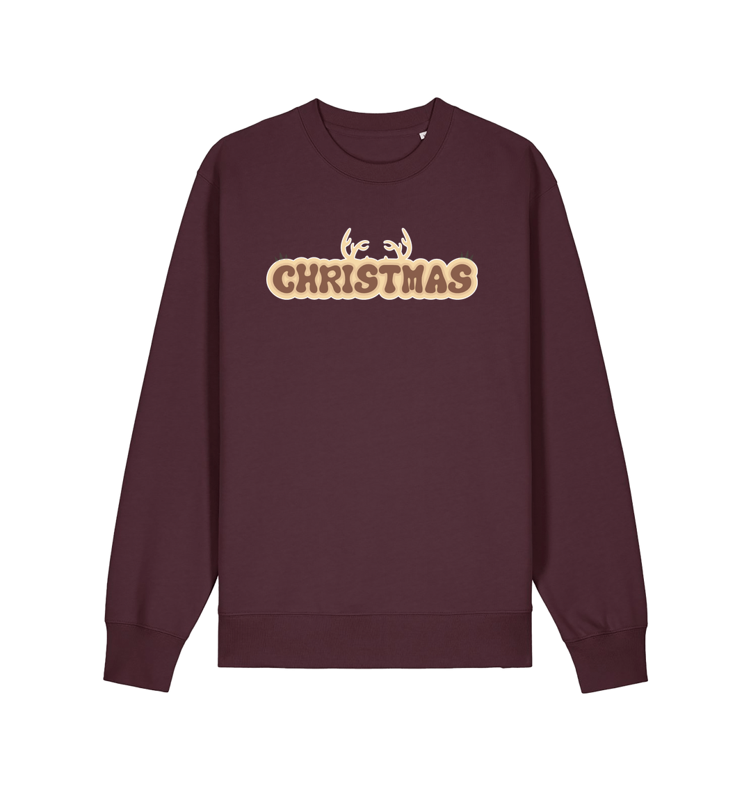 red brown christmas sweatshirt with the slogan 'christmas' and antlers at the top