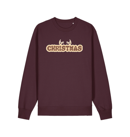 red brown christmas sweatshirt with the slogan 'christmas' and antlers at the top