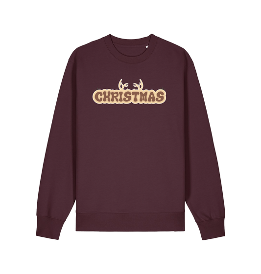 red brown christmas sweatshirt with the slogan 'christmas' and antlers at the top
