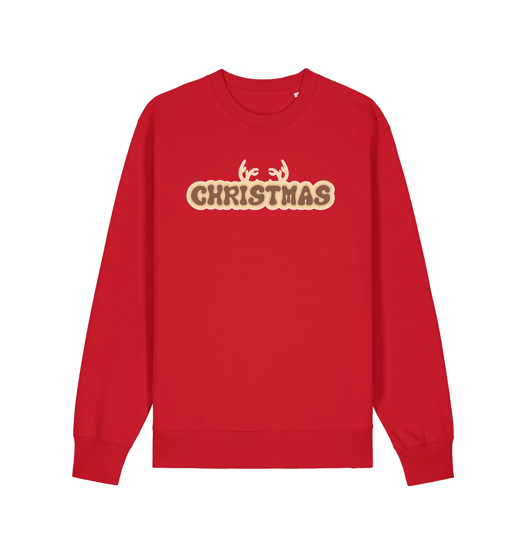 red christmas sweatshirt with the slogan 'christmas' and antlers at the top