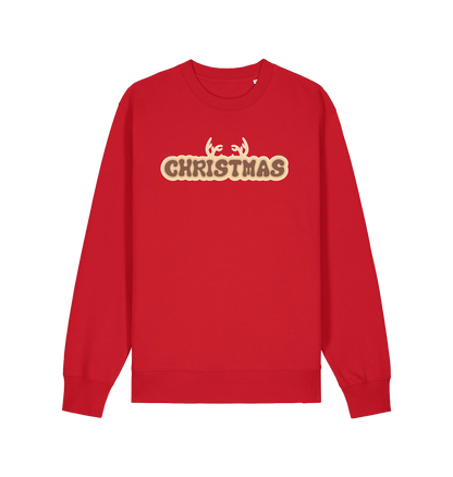 red christmas sweatshirt with the slogan 'christmas' and antlers at the top