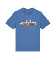 blue xmas t-shirt with the slogan 'christmas' and antlers poking out of the top