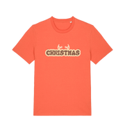 orange xmas t-shirt with the slogan 'christmas' and antlers poking out of the top