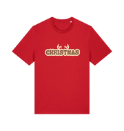 red xmas t-shirt with the slogan 'christmas' and antlers poking out of the top