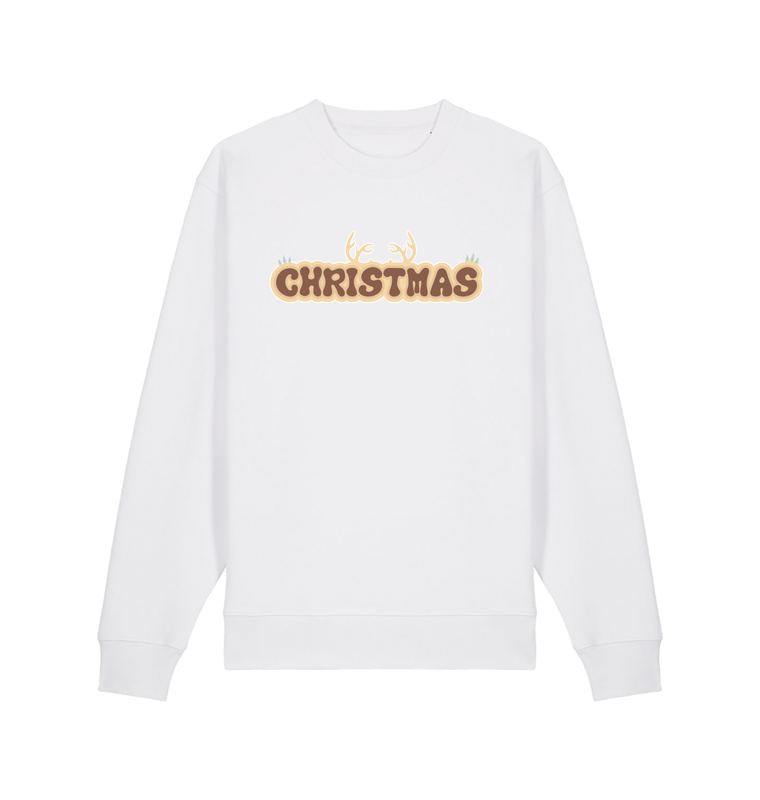 white christmas sweatshirt with the slogan 'christmas' and antlers at the top
