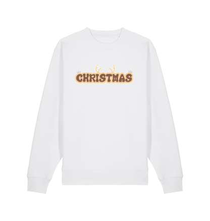 white christmas sweatshirt with the slogan 'christmas' and antlers at the top