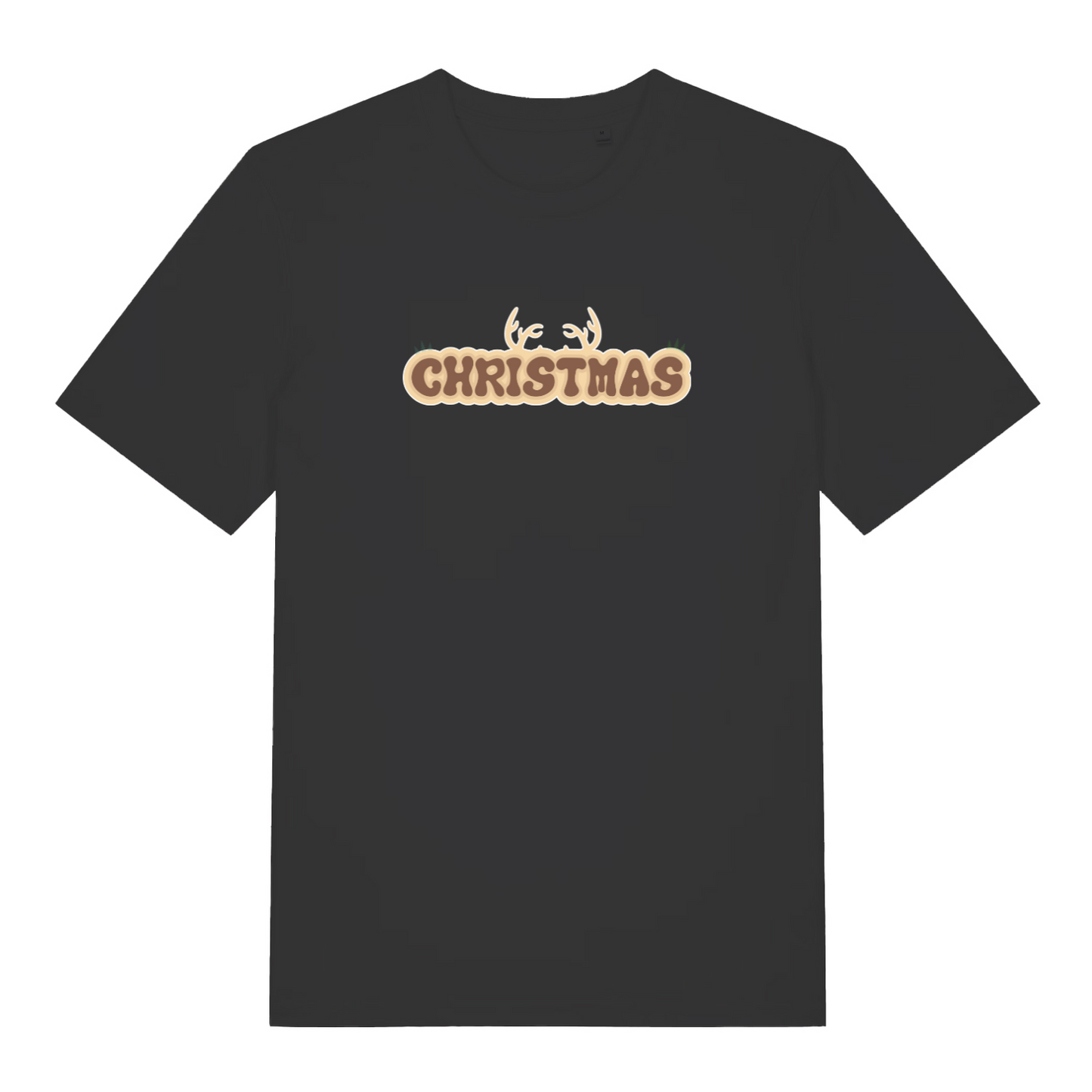 black christmas t-shirt with the word christmas and antlers coming from the top of it