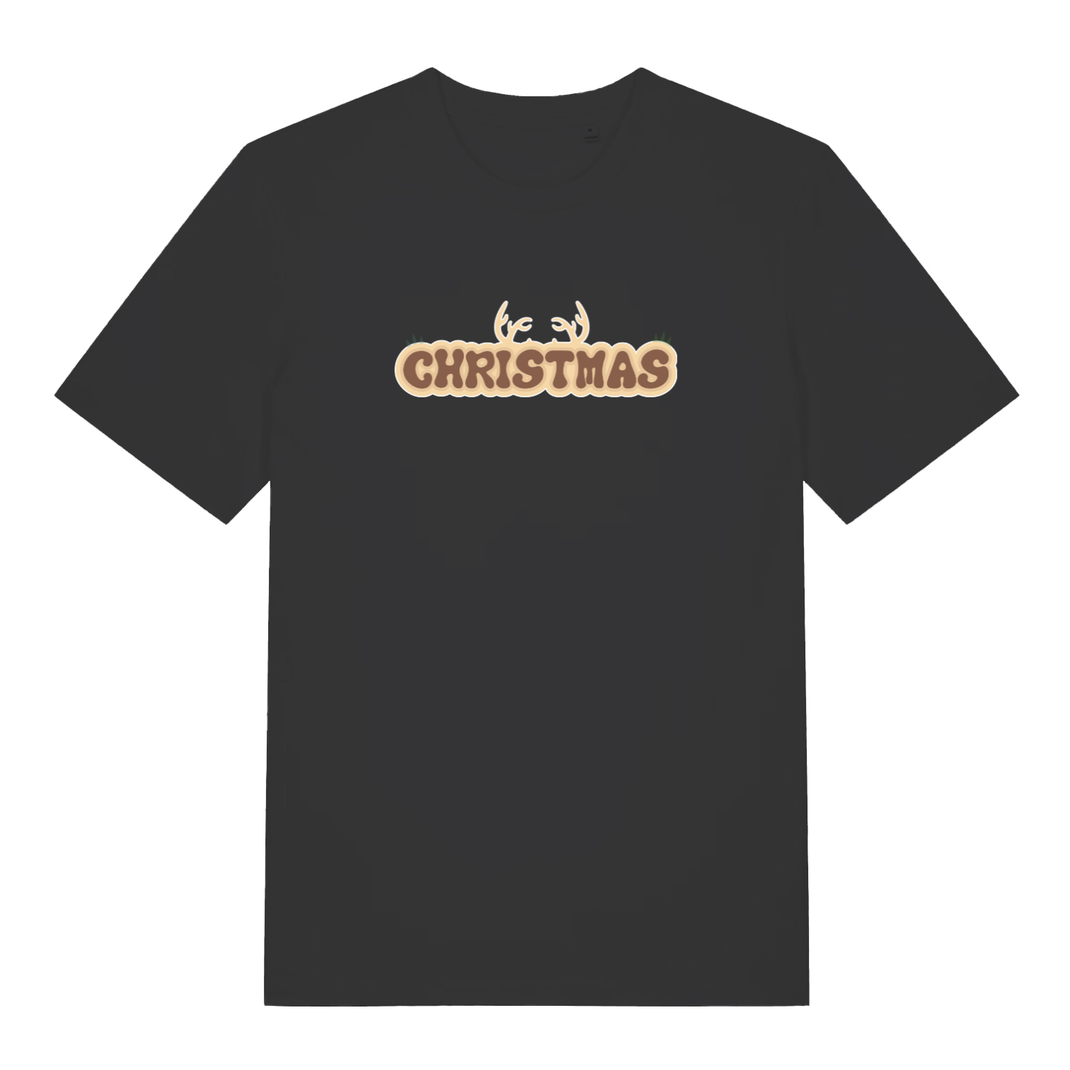 black christmas t-shirt with the word christmas and antlers coming from the top of it