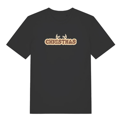 black christmas t-shirt with the word christmas and antlers coming from the top of it