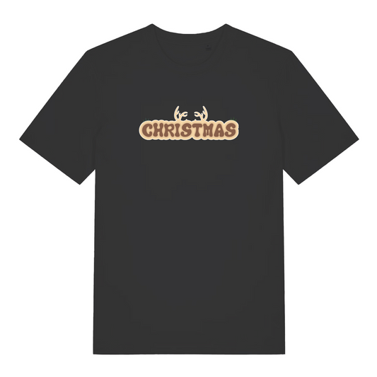 black christmas t-shirt with the word christmas and antlers coming from the top of it