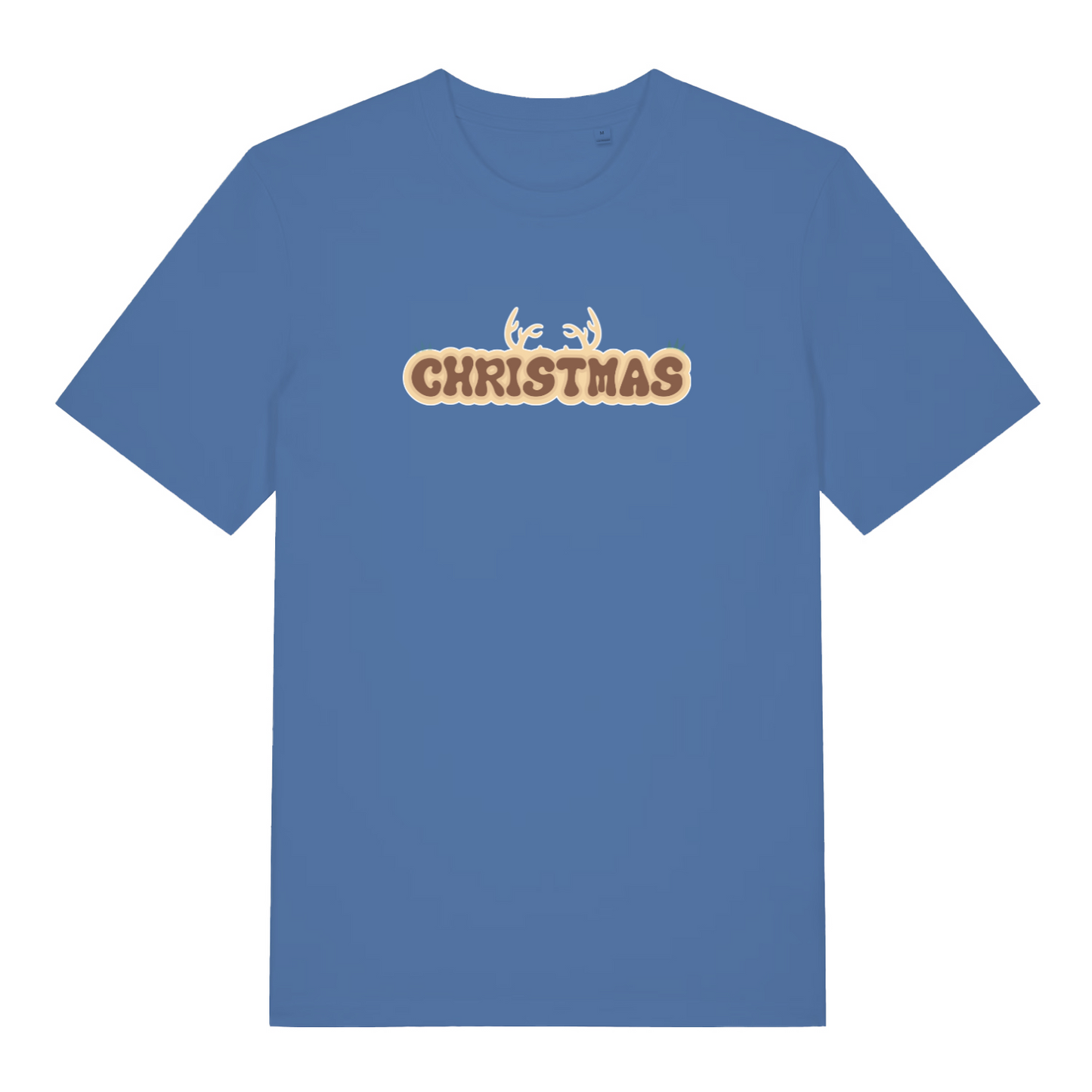 blue christmas t-shirt with the word christmas and antlers coming from the top of it