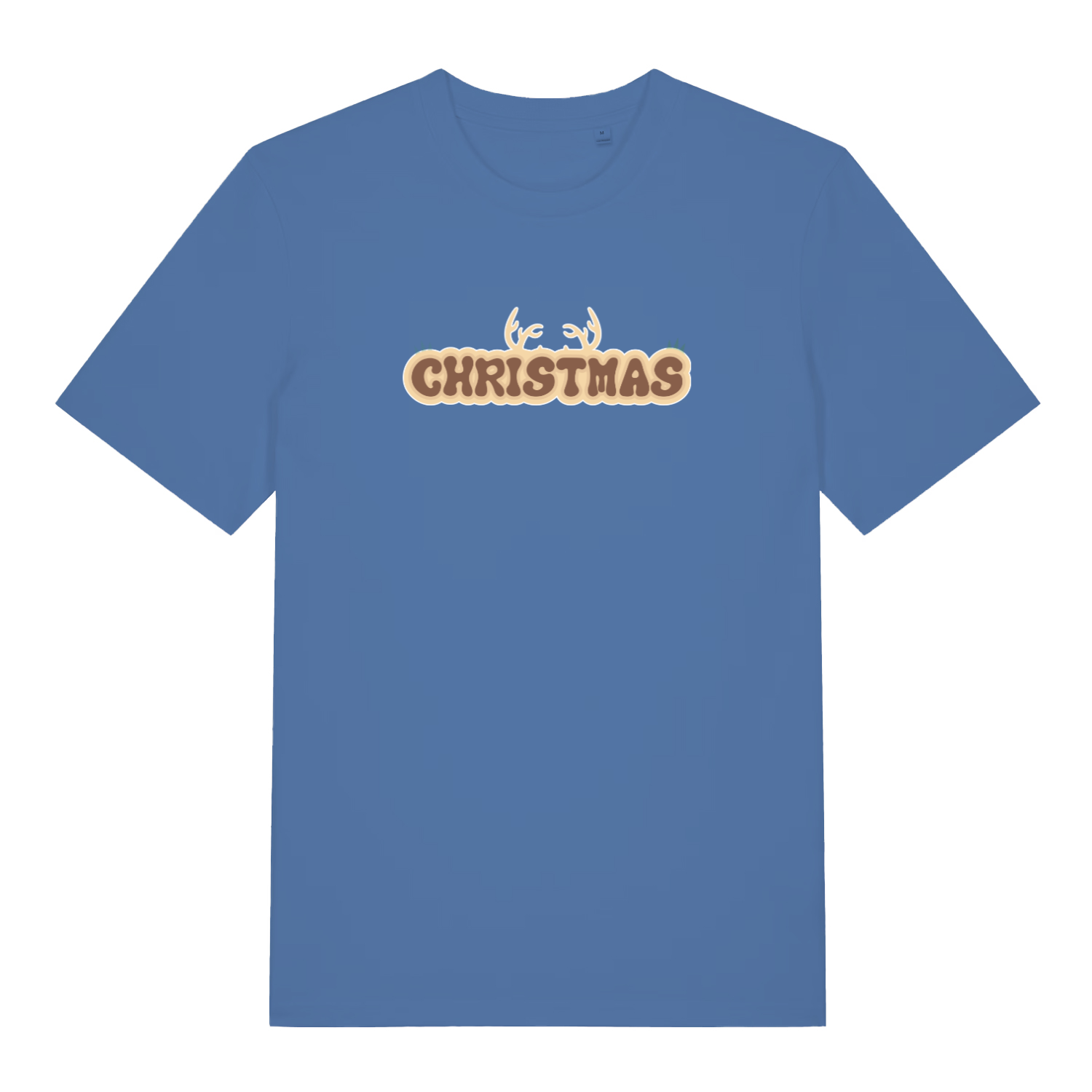 blue christmas t-shirt with the word christmas and antlers coming from the top of it