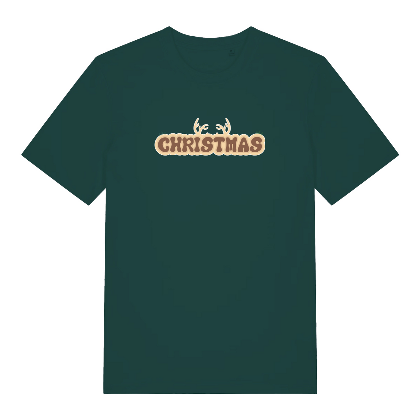 green christmas t-shirt with the word christmas and antlers coming from the top of it