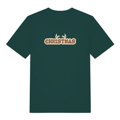 green christmas t-shirt with the word christmas and antlers coming from the top of it