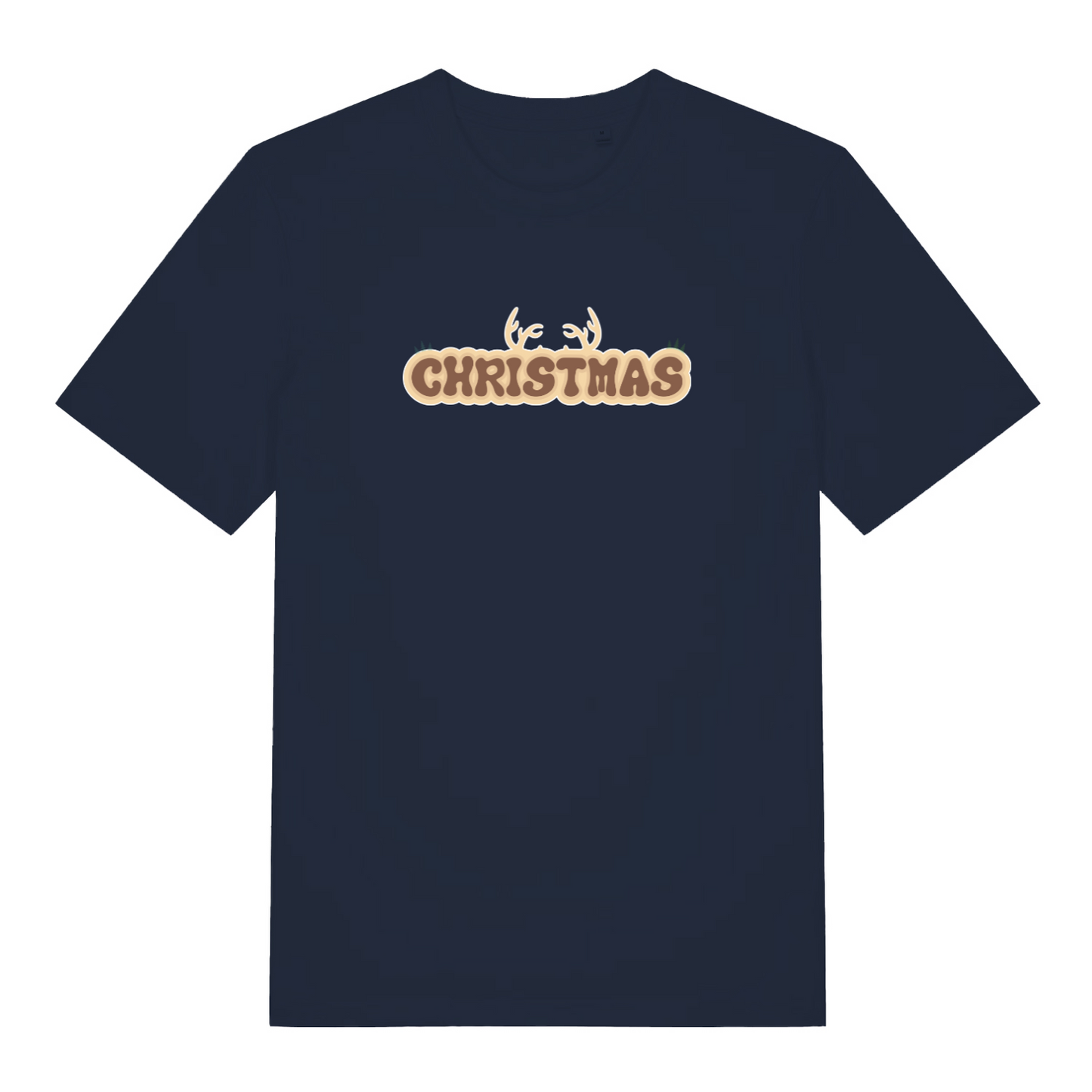navy christmas t-shirt with the word christmas and antlers coming from the top of it