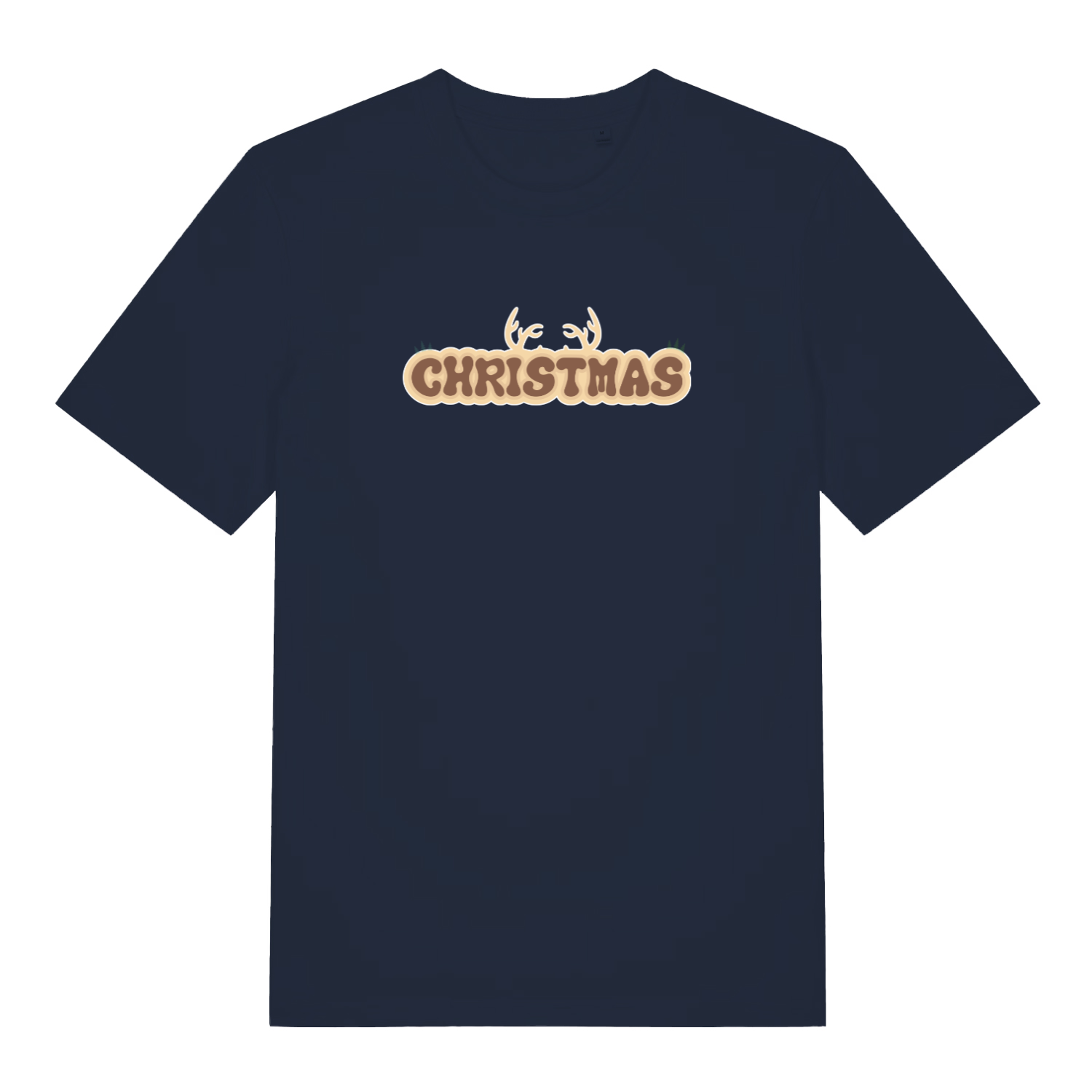 navy christmas t-shirt with the word christmas and antlers coming from the top of it