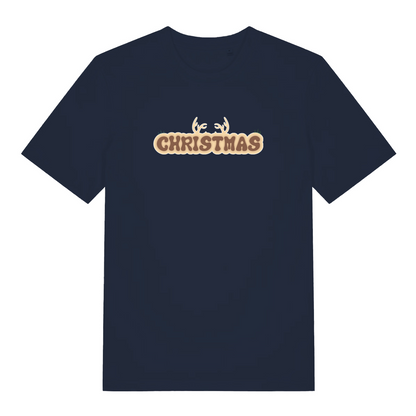 navy christmas t-shirt with the word christmas and antlers coming from the top of it