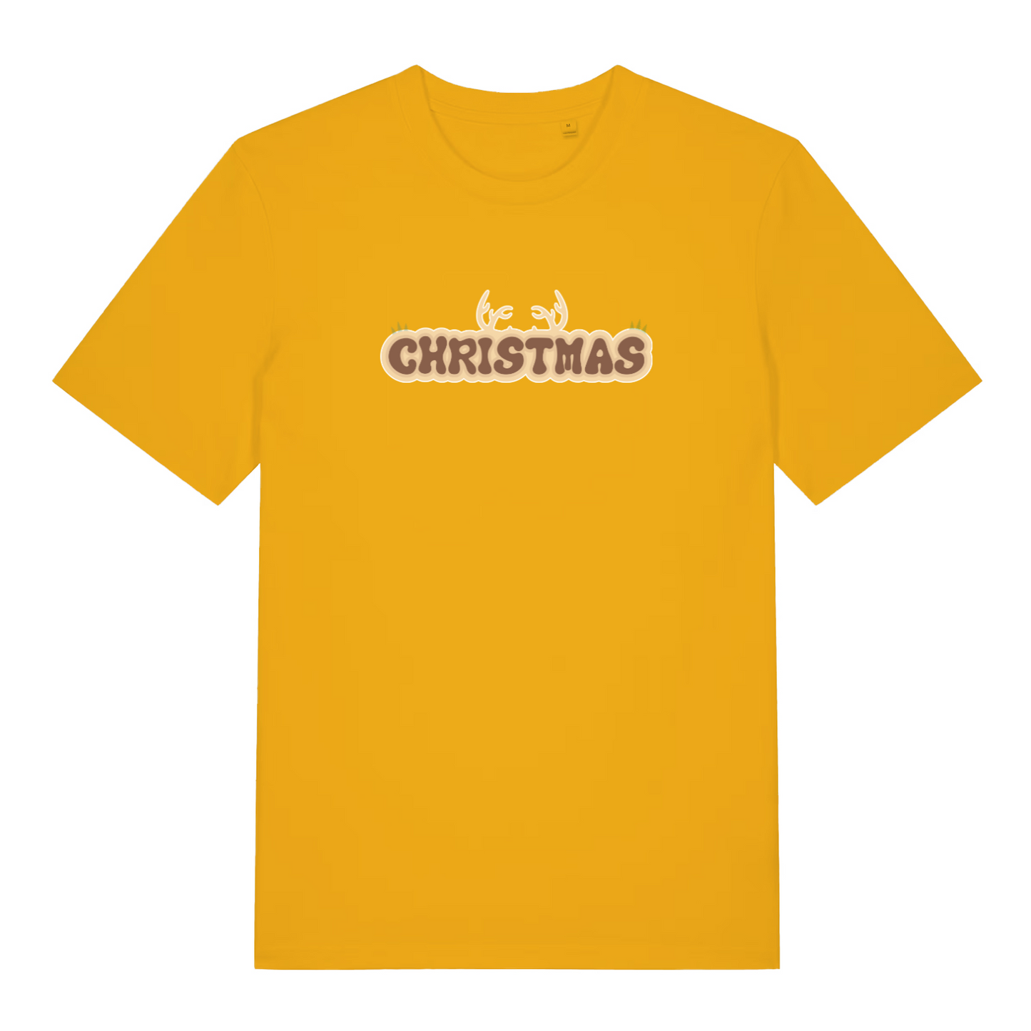 yellow christmas t-shirt with the word christmas and antlers coming from the top of it