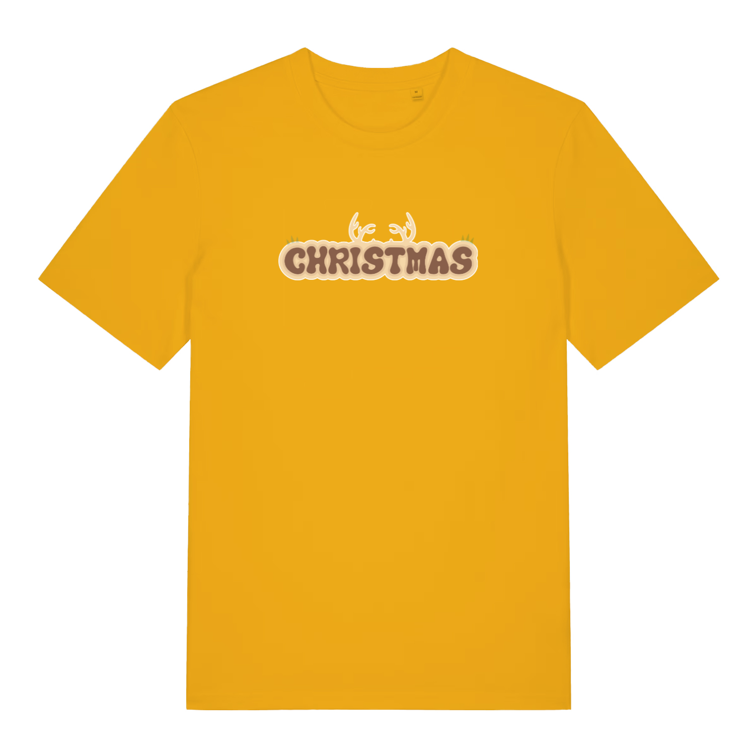 yellow christmas t-shirt with the word christmas and antlers coming from the top of it